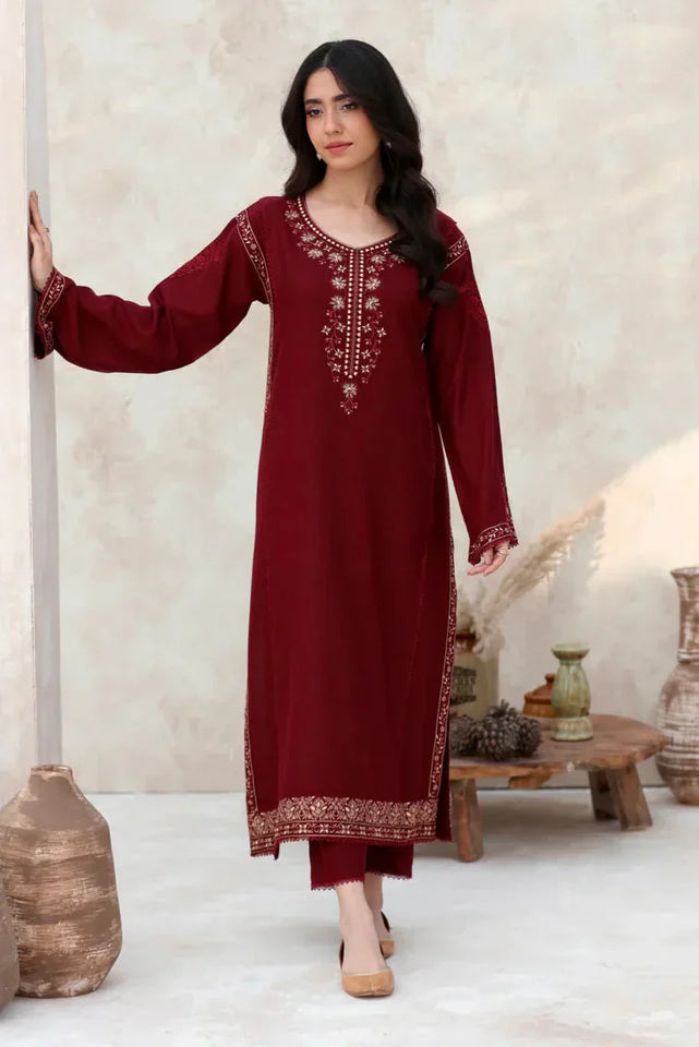 FEROZAE - 2PC DHANAK EMBROIDERED SHIRT AND EMBROIDERED TROUSER - HZG2034