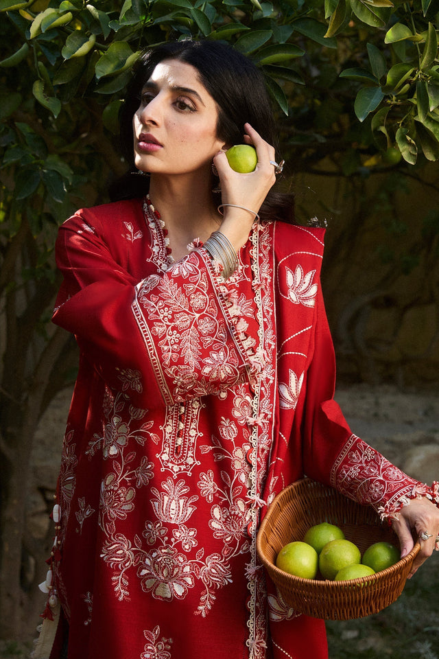 ZAHA - 3PC DHANAK EMBROIDERED SHIRT WITH DHANAK EMBROIDERED SHAWL AND TROUSER - HZG2029