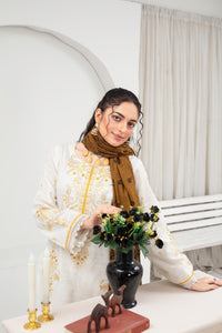 URGE - 3PC KHADDAR EMBROIDERED SHIRT WITH PASHMINA SELF JACQUARD SHAWL AND TROUSER - HZG2030