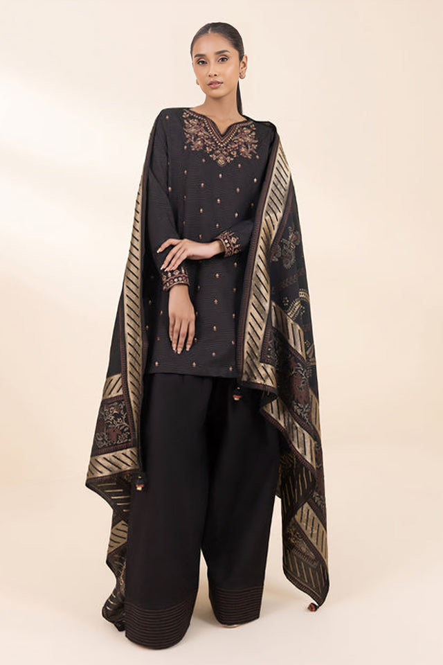 SAPPHIRE - 3PC DHANAK EMBROIDERED SHIRT WITH TWILL PRINTED SHAWL AND TROUSER - HZG2011