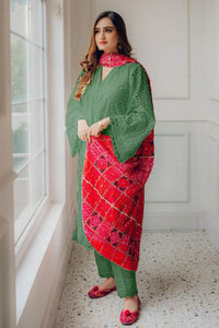 MARIA B - 3PC LAWN CHIKANKAARI EMBROIDERED SHIRT WITH CHUNRI PRINTED DUPATTA AND TROUSER - HZG2125